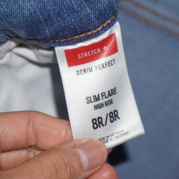 Express Bell Slim Flare High Rise Silver Ring Zip Denim Stretch Jeans 8R Retro - Picture 6 of 9